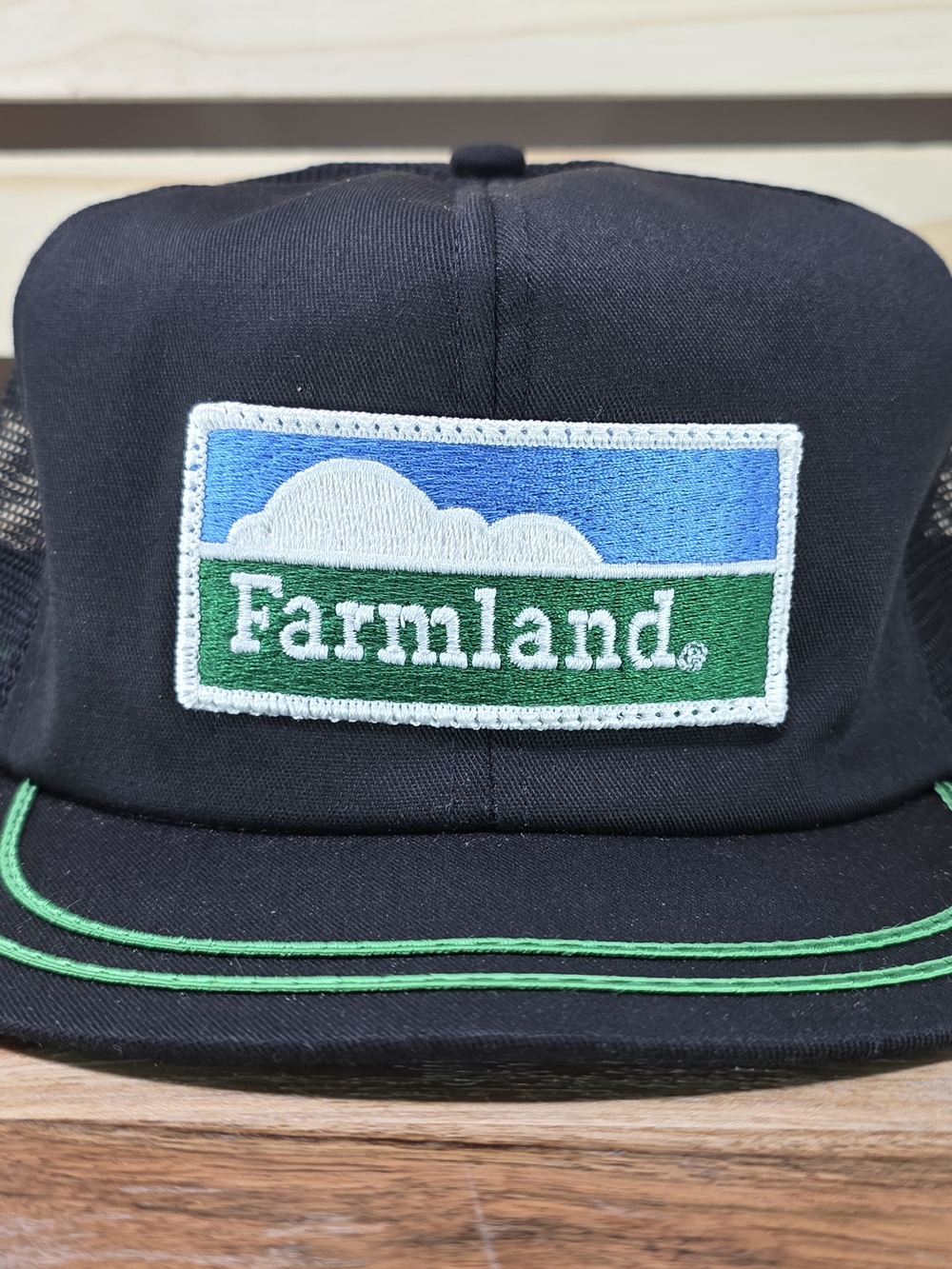VINTAGE Black Trucker Hat with Green Trim